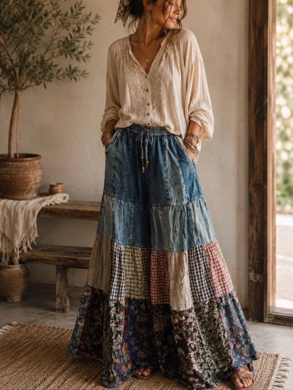 Boho Patchwork Tiered Pants